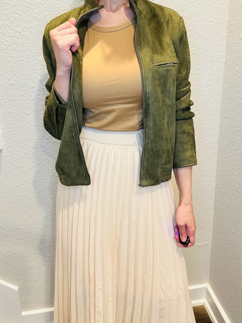 Funnel Neck Olive Green Zip-Front Faux Suede Jacket stylish large NWT